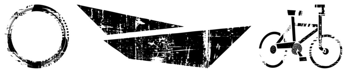 Obraz premium Distressed black vector including circle, paper airplane, and bicycle, rendered in gritty texture, ideal for urban design or retro branding.