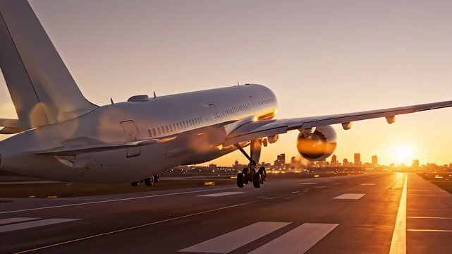 A majestic commercial passenger airplane accelerates down the runway during a breathtaking golden hour sunset, preparing for an international journey, symbolizing global travel and efficient air tran.