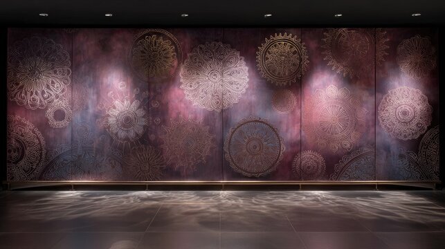 Elegant Decorative Wall Design with Intricate Patterns in Purple and Gold Hues for Modern Interiors or Art Installations