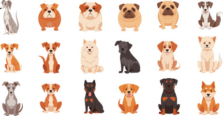 Dog Breeds Sitting Vector Set with Small and Large Purebred Domestic Canine Pets in Flat Cartoon Style Isolated on White Background