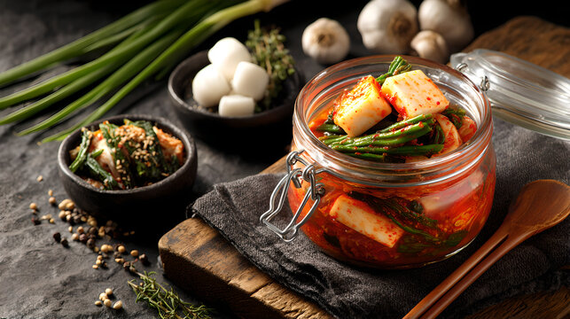 Fermented Traditional Korean Kimchi Cabbage Stored In A Clear Glass Jar
