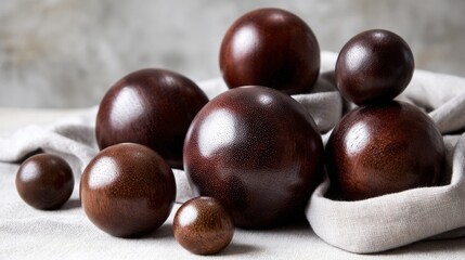 Obraz premium Arrangement of polished mahogany wooden spheres of varying sizes showcasing natural wood texture and rich brown hues