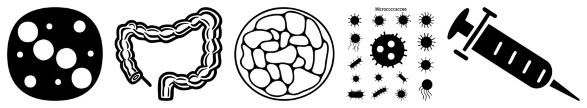 Black vector depicting cellular organelles, intestinal tract, bacterial colonies, and syringe, used in medical and biological contexts.