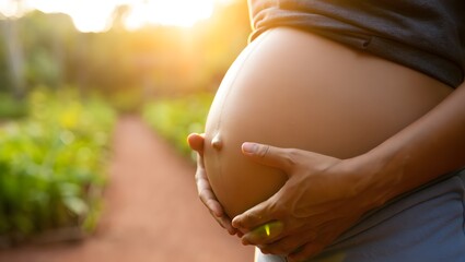 Expecting Mother Touching Baby Bump in Lush Natural Setting