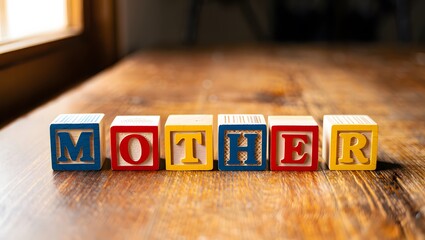 Colorful Wooden Blocks Spelling Mother on Rustic Table Surface