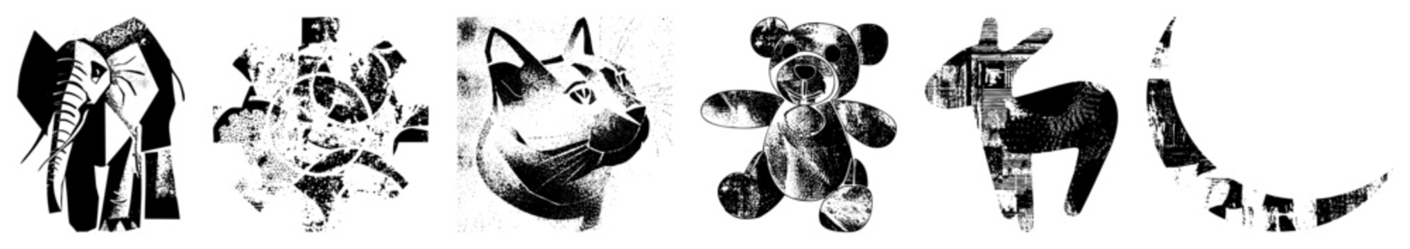 Stylized animal profiles rendered in halftone, vector cutouts, graphic design elements, isolated shapes, black and white illustration, artistic animal forms.