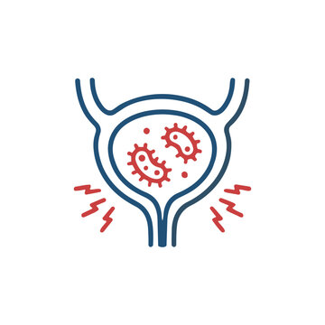 Urinary Tract Infection Bladder Pain Medical Icon Medical line icon showing bladder infection with bacteria and pain signals