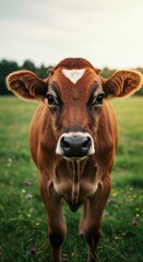 Fototapeta premium A curious brown cow with a distinctive white heart-shaped marking on its forehead stands in a vibrant green meadow, looking directly at the camera.