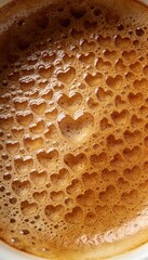 Numerous small heart shapes are intricately formed in the rich, warm brown coffee foam, creating a charming and inviting texture, symbolizing love and affection.
