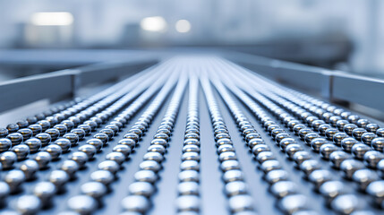Fototapeta premium Hundreds Of Polished Steel Ball Bearings Moving Down An Industrial Production Line 