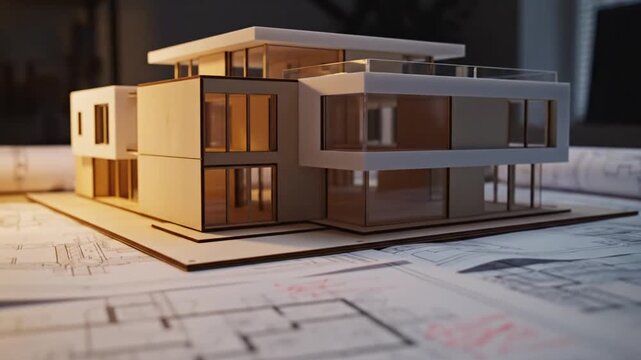 Modern house model sits on blueprints, illuminated with warm light, creating a focused architectural concept
