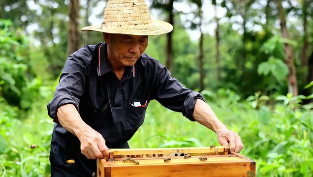 Beekeeper Inspects a Hive Frame in a Lush Garden.