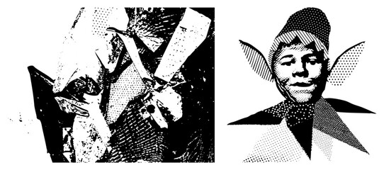 Black and white halftone graphic featuring stylized human face with wings and abstract mechanical elements, vector art, pop art style, isolated foreground.
