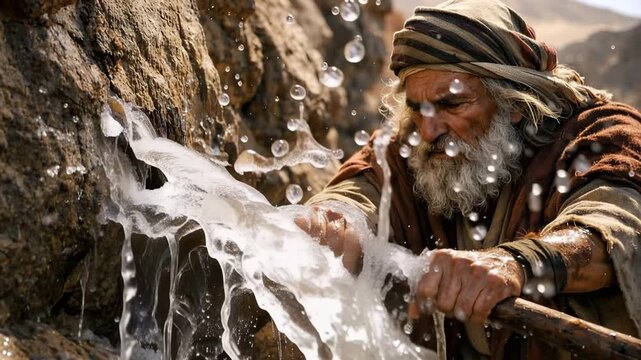 Cinematic Biblical Scene of Prophet Moses Striking the Rock with Staff in the Desert Causing Water to Gush Out, Miracle at Horeb.
