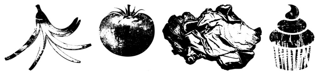 Fototapeta premium Black and white halftone illustrations of food items banana peel, tomato, cabbage, cupcake. Stylized graphic for design, print, or web use.