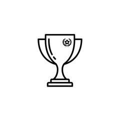 A black and white line drawing of a trophy with a gear emblem on top.