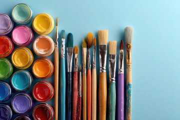 Fototapeta premium Art Supplies Displayed in a Flat Lay Arrangement With Vivid Colors on a Clean Surface During Daylight