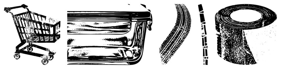 Obraz premium Black and white vector illustrations of shopping cart, car tire tread, and coiled roadway, halftone texture, isolated foreground elements, graphic design assets.