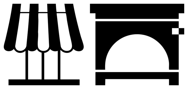 Restaurant awning canopy and pizza oven vector, stylized food service symbols, cafe signage elements, flat design graphics, kitchen equipment.