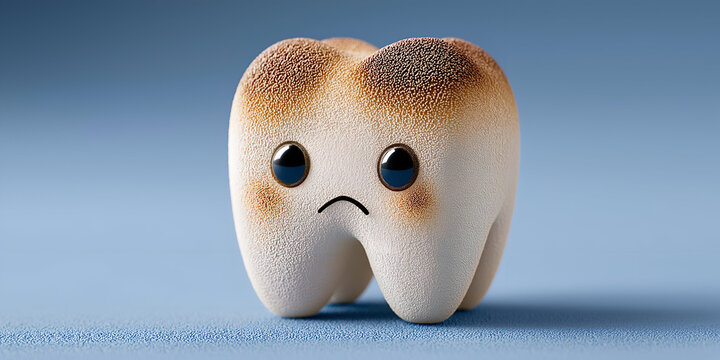 A sad cartoon tooth character with a distressed expression, representing dental health issues and the importance of oral hygiene.