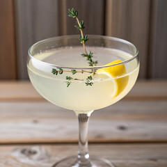 A refreshing cocktail in a coupe glass garnished with thyme and lemon