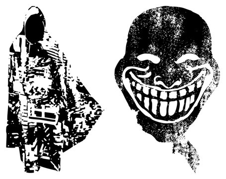 Distressed halftone vector of trollface meme and hooded figure, glitch art style, internet culture, black and white graphic design.