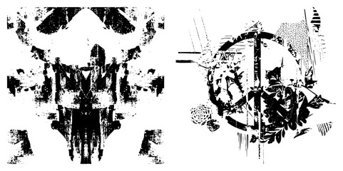 Obraz premium Stylized composition featuring mirrored shapes, halftone textures, and fragmented organic elements, vector art with distressed aesthetic, isolated design elements.