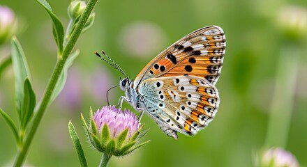 Obraz premium Close-up of a vibrant butterfly with orange and black spots resting on a purple flower in a lush green field.