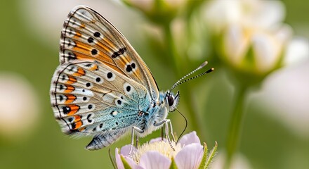 Obraz premium Close-up of a vibrant butterfly with intricate wing patterns resting on a delicate flower bud in a natural setting.