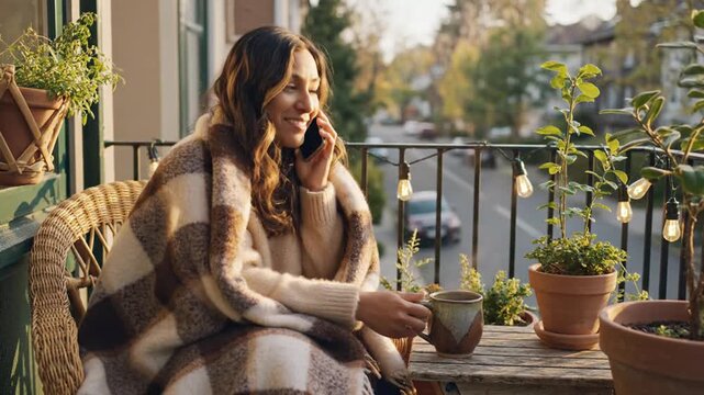 Woman on balcony, cozy in blanket, talking on phone, holding mug, plants, string lights, city view
