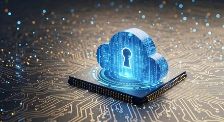 Glowing cloud with padlock hovering above circuit board, symbolizing data sovereignty and code compliance. cloud Illustration