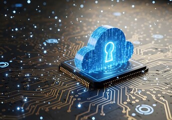 Glowing cloud with padlock hovering above circuit board, symbolizing data sovereignty and code compliance. cloud Illustration
