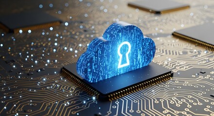 Glowing cloud with padlock hovering above circuit board, symbolizing data sovereignty and code compliance. cloud Illustration