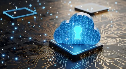 Glowing cloud with padlock hovering above circuit board, symbolizing data sovereignty and code compliance. cloud Illustration