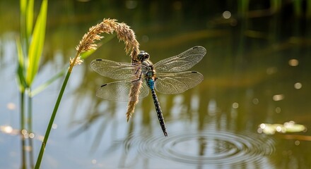 Naklejka premium Dragonfly Perched on a Reed Above Reflective Water Surface in a Serene Natural Habitat.
