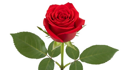 Naklejka premium A vibrant red rose with lush green leaves standing out against a plain background isolated on transparent background