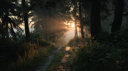 Obraz premium Mist rising on a forest path as sunlight breaks through trees during dawn
