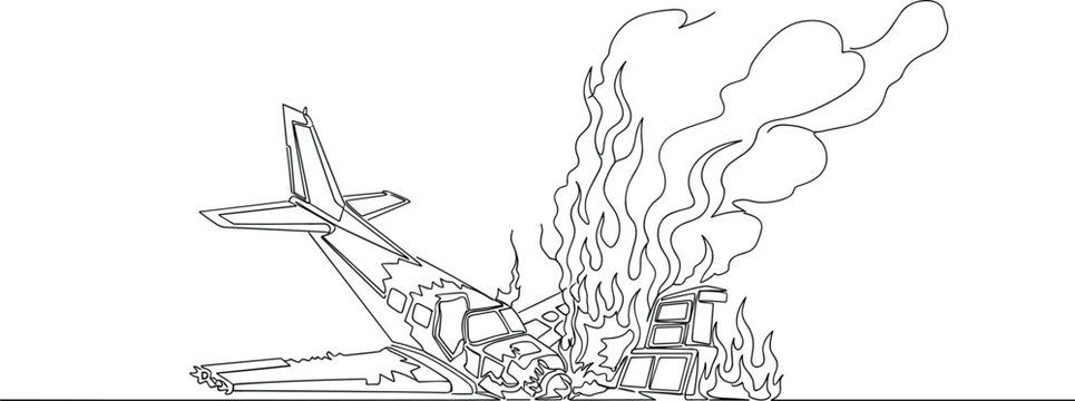 Continuous one line drawing of a small private airplane on fire with thick smoke after a crash landing accident