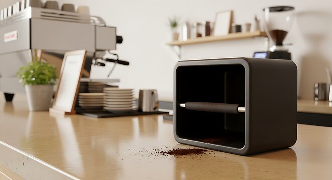 Coffee grinds spill beside a coffee machine on a kitchen counter with a coffee grinder in the background