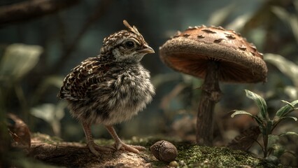 Obraz premium A detailed, close-up render depicts a young bird with intricate feather patterns, perched on a