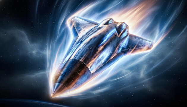 Futuristic hypersonic spacecraft with glowing energy trail speeding through a dark environment.
