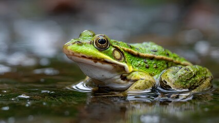 Obraz premium Vibrant green frog with striking golden eyes rests in shallow water, its skin textured and