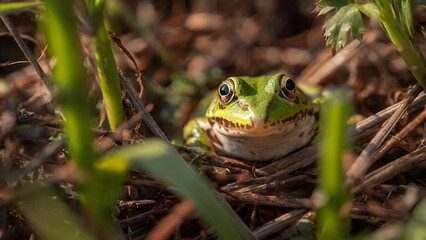Obraz premium A vibrant green frog with striking golden eyes gazes outward from a natural habitat of dry twigs