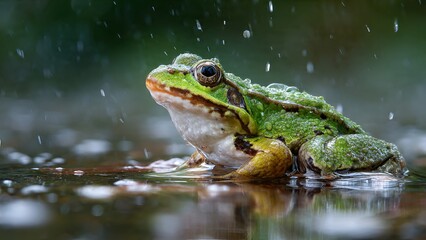Obraz premium A vibrantly green frog with textured skin sits serenely in shallow water, droplets of rain falling