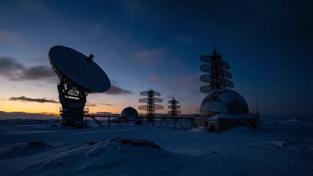 Silhouetted radio array structures, dome and dish antennas against a winter sky at dusk