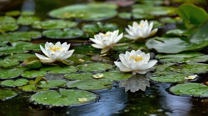 Serene Water Lilies Floating on Calm Pond Surrounded by Green Leaves and Reflective Water Surface