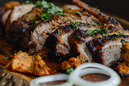 Traditional Cuban Roasted Pork Lechon Asado with Crispy Skin and Onions