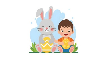 Fototapeta premium Boy and bunny with Easter eggs