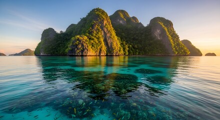 Tranquil tropical island landscape with lush green mountains and calm ocean water