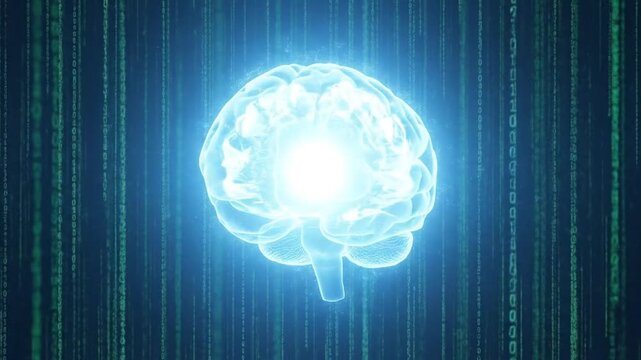 Bright glowing holographic human brain surrounded by a matrix of binary code and abstract data streams, representing advanced AI.